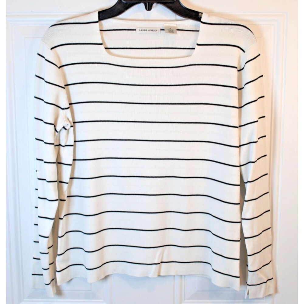 Laura Ashley Black/White Stripe Square Neck Long Sleeve Knit Top Women's Size M
